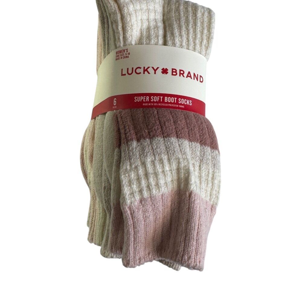 Lucky Brand Women's Super Soft Boot Socks 6 Pair Pink/White Shoe Sizes 5-10 NEW